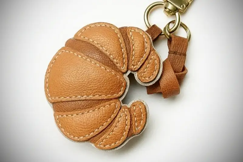 A hand-stitched leather croissant charm